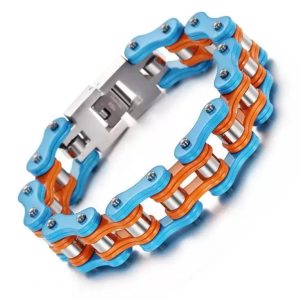 Pulseira de corrente para motas laranja e azul claro