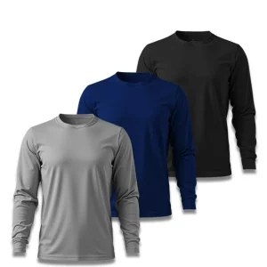 Kit 3 Camisetas Masculina Básica Poliamida UV Manga Longa Preto, Marinho e Cinza
